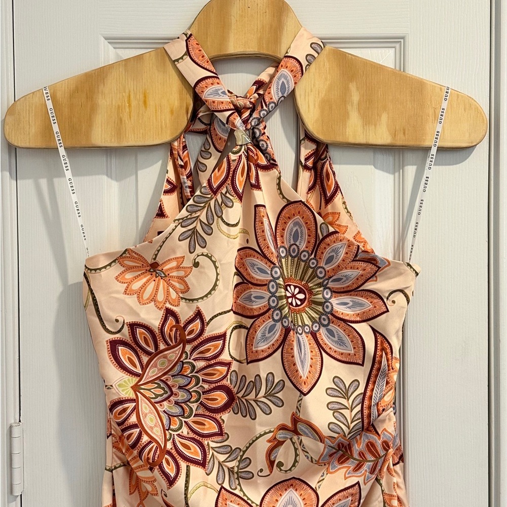 GUESS Southwest Jacobean Print Marsha Dress 14 NEW Peach Multi Halter Midi Foral - Picture 4 of 16
